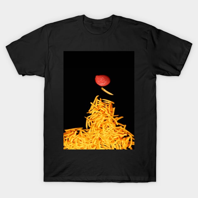 Fries and tomato sauce black background. T-Shirt by victorhabbick